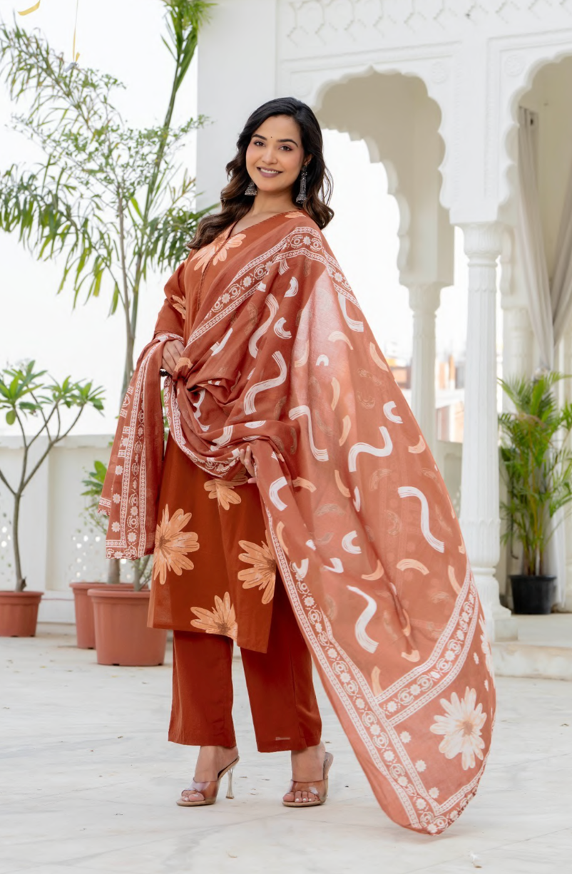 Cotton printed kurta pant and dupatta set