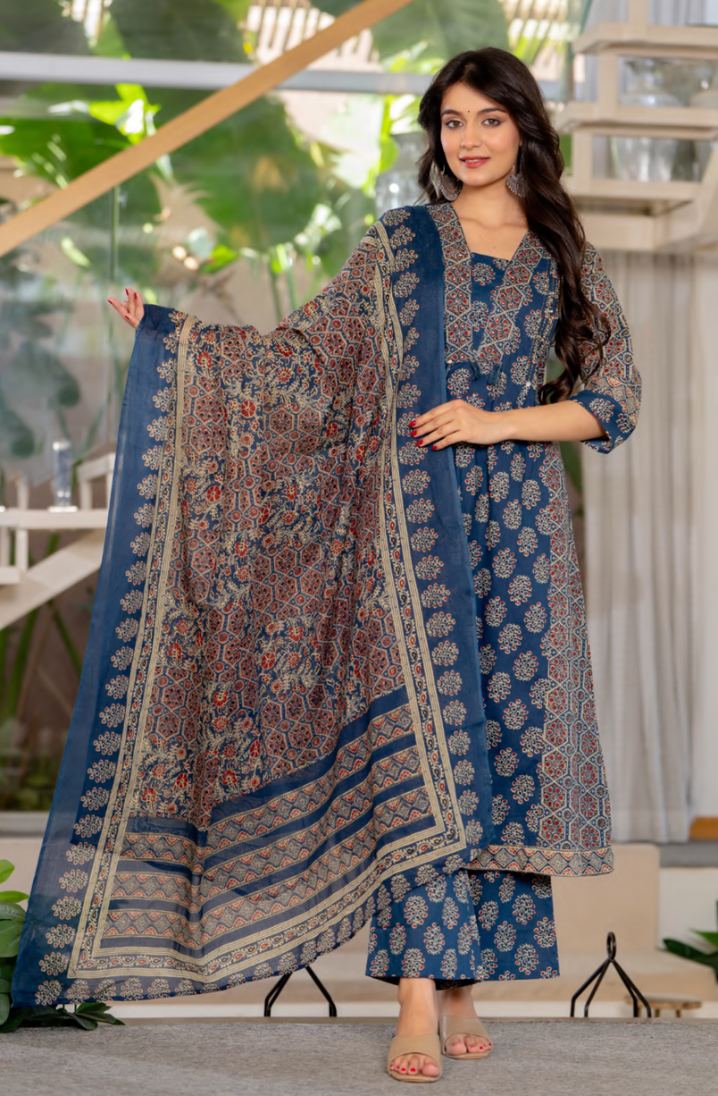 Cotton printed long kurta and Dupatta set