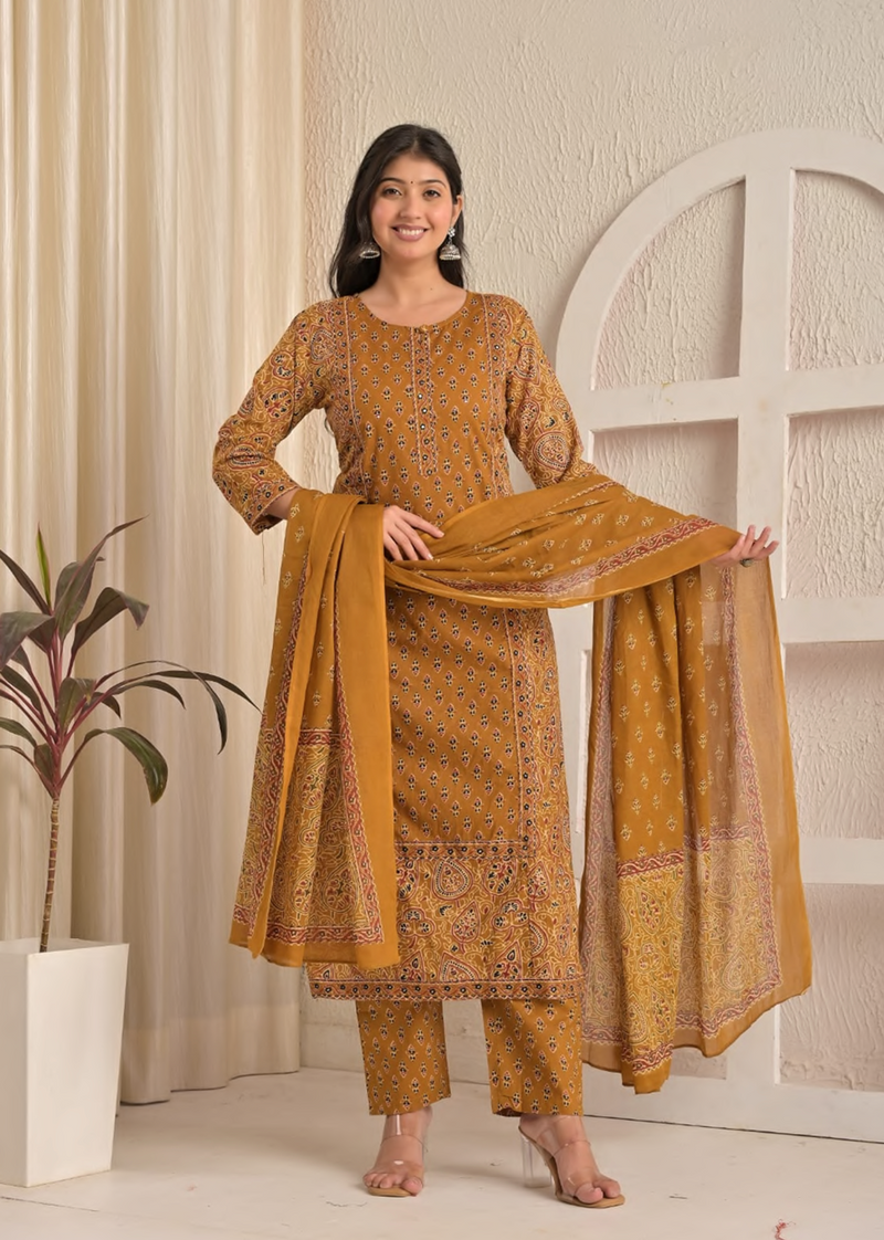 Handwork, Cotton, straight kurta pant and dupatta suit set