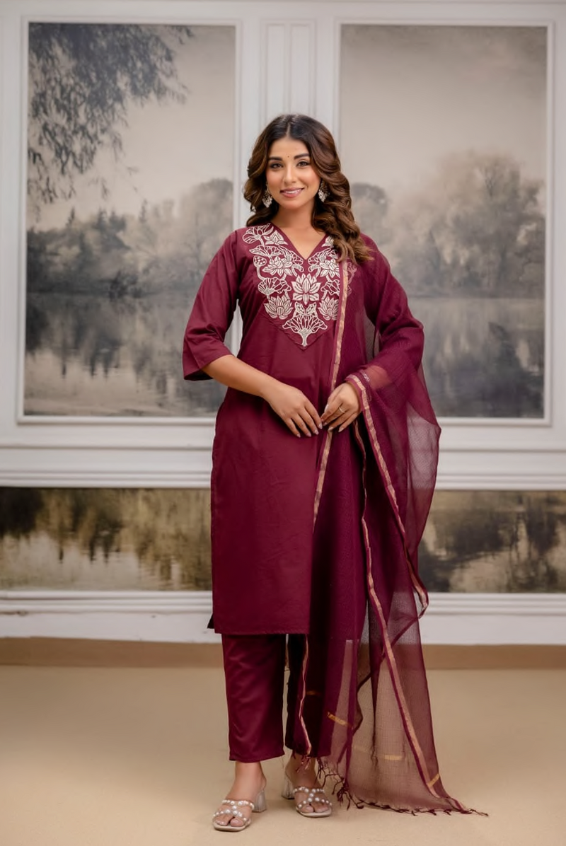 Cotton, embroidery work, handwork, straight kurta pant and dupatta suit set