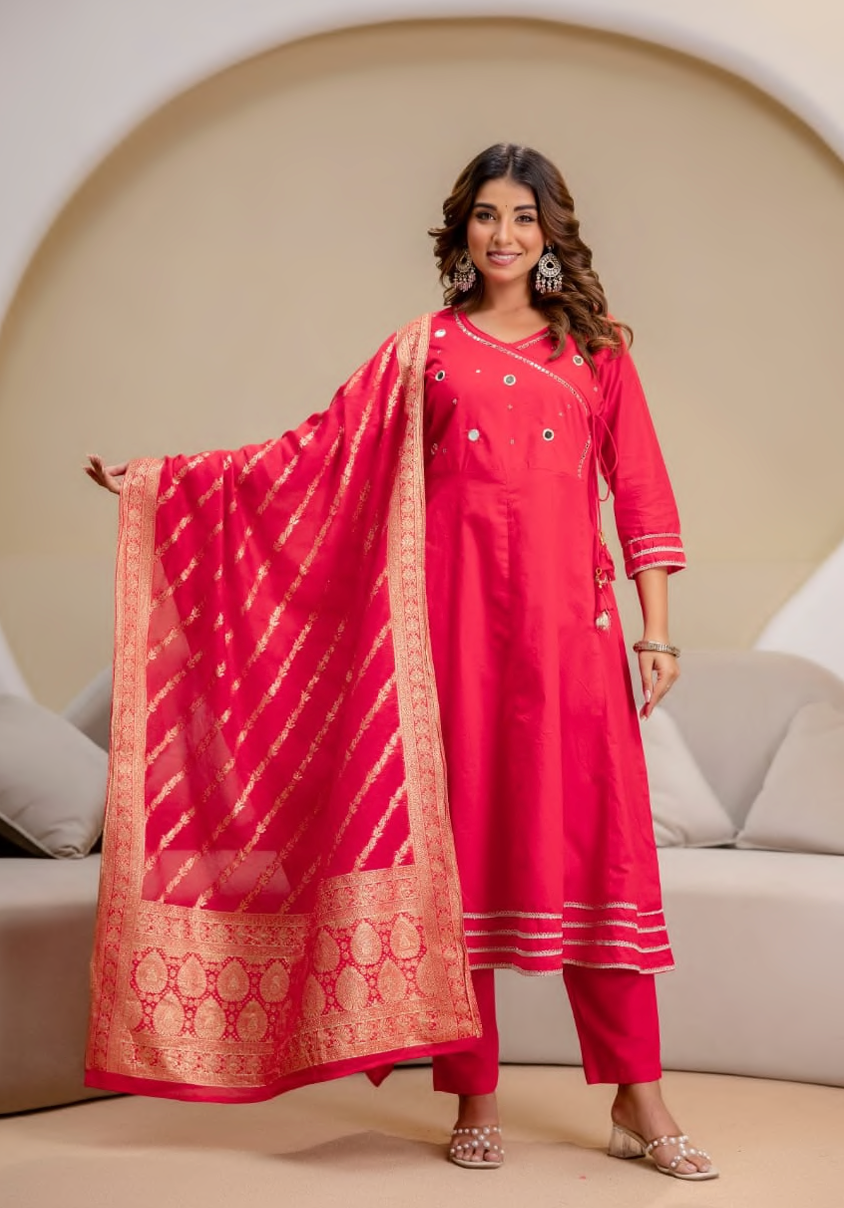 Handwork, banarasi dupatta, Cotton, anarkali embroidery suit set