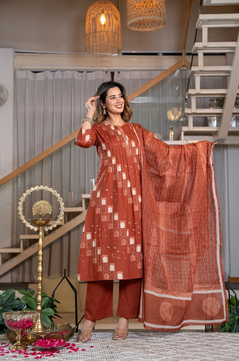 A-line suit set, embroidery on the neckline, Cotton
