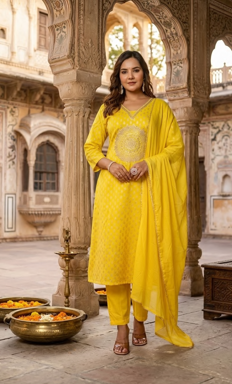 Cotton zari, elegant embroidery on the kurta, A-line suit set