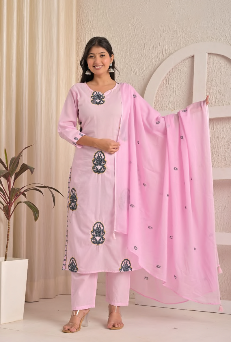 Cotton straight Embroidered suit set