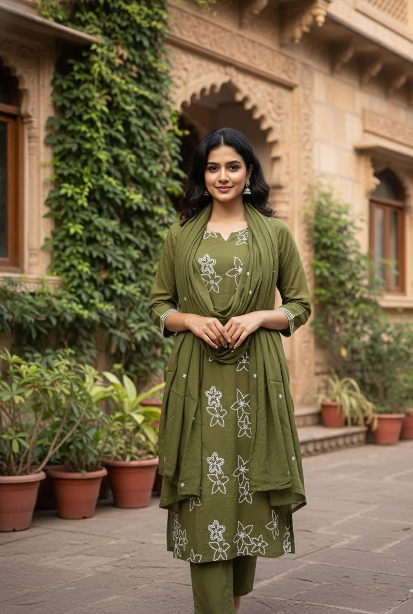Pure Cotton, aari embroidery, straight kurta pant and dupatta suit set