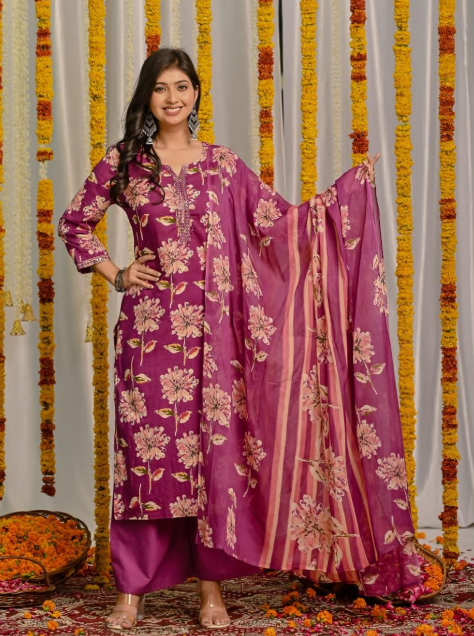 Intricate handwork on the neck, Cotton suit set, luxurious cotton