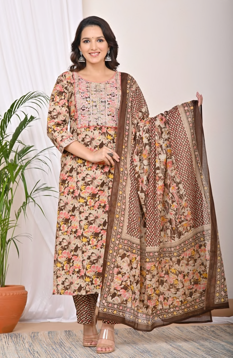 Premium cotton, embroidery work, straight printed suit set