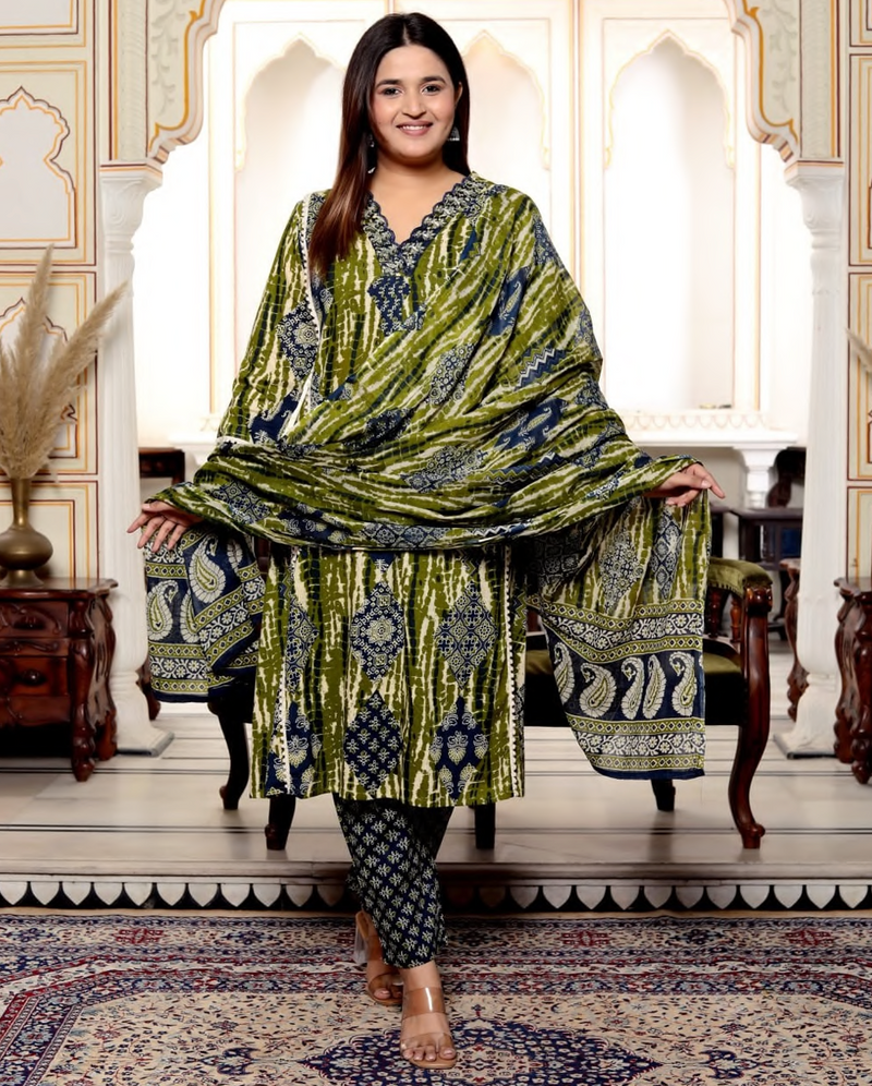 Premium cotton kurta pant dupata set, embroidery work