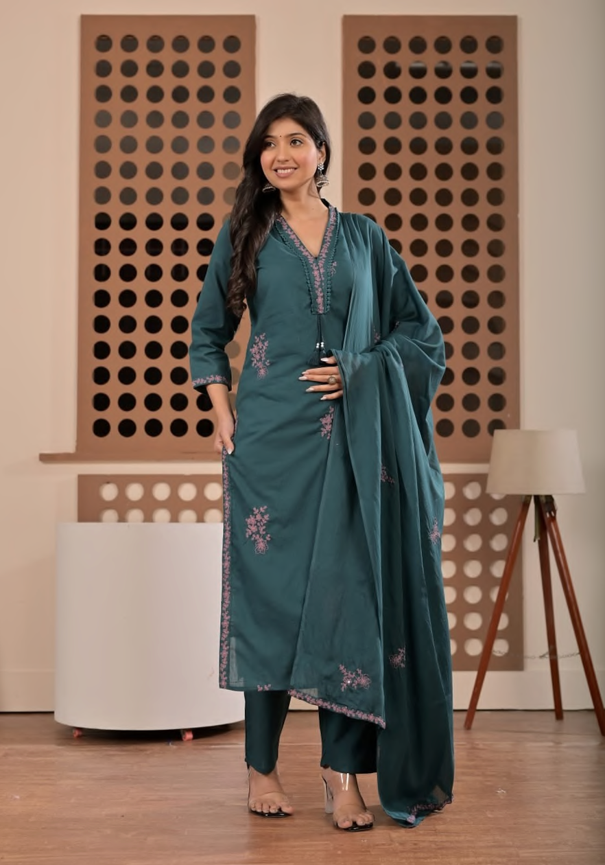 Straight embroidery suit set, silli cotton