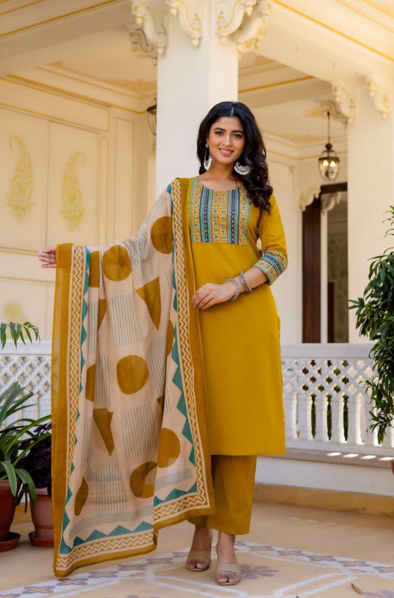 Cotton Straight Suit Set With Hand work