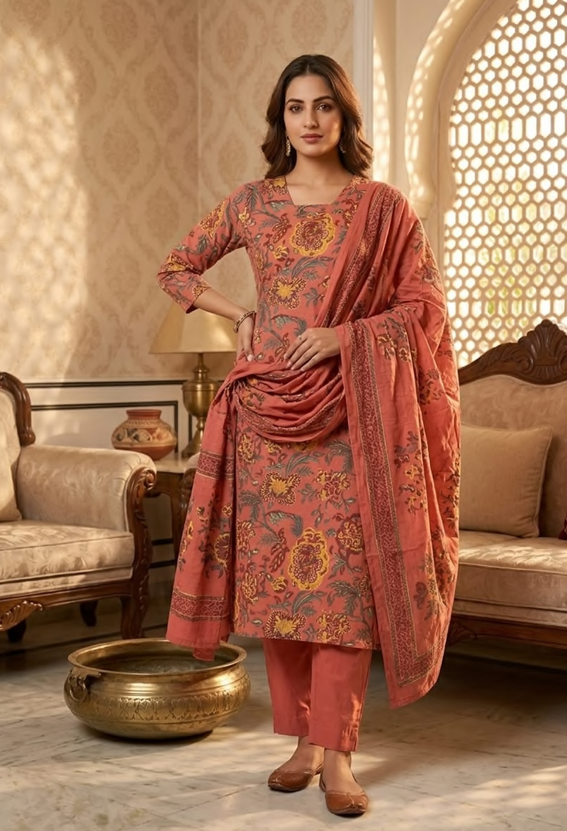 Cotton Straight Suit Set With Hand work