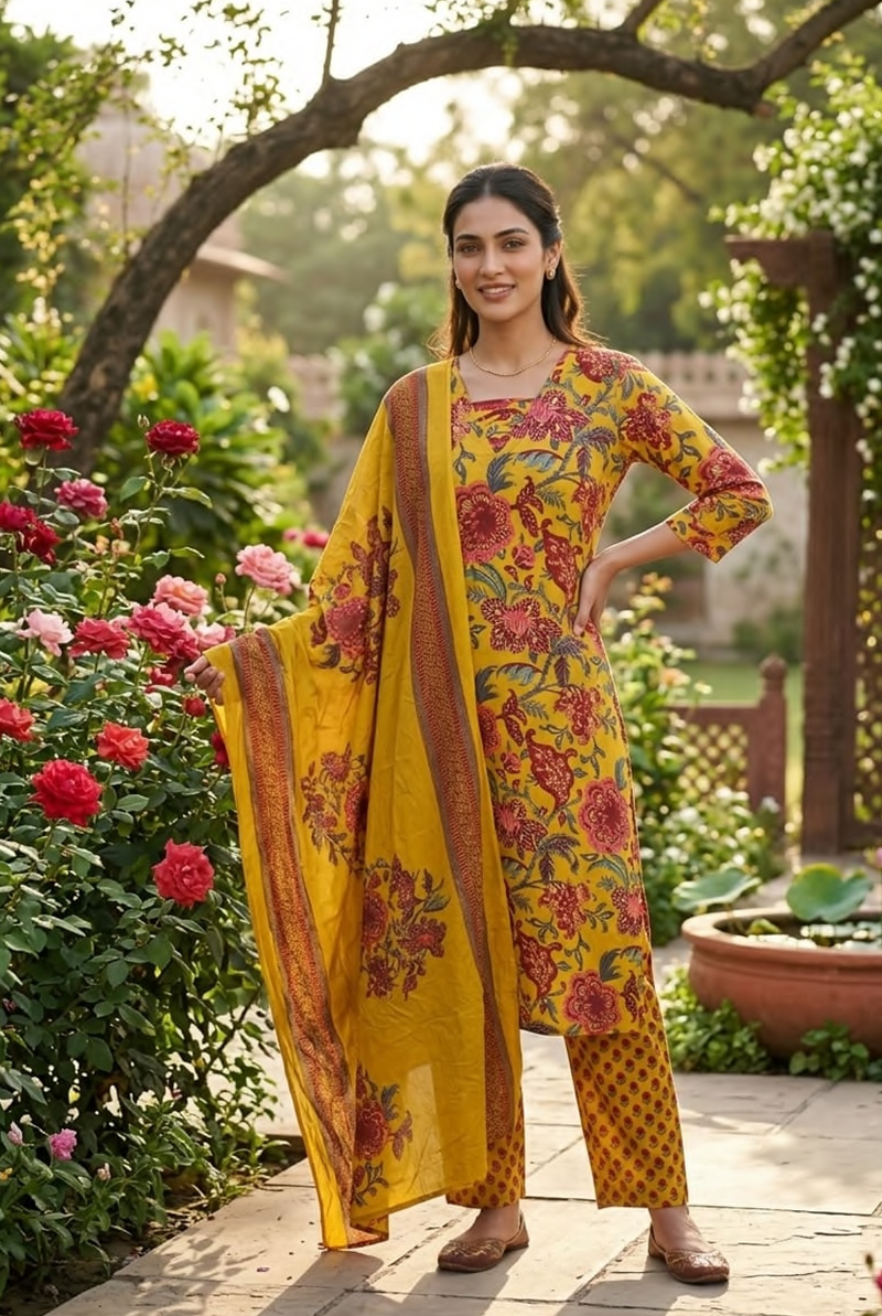 Cotton Straight Suit Set With Hand work