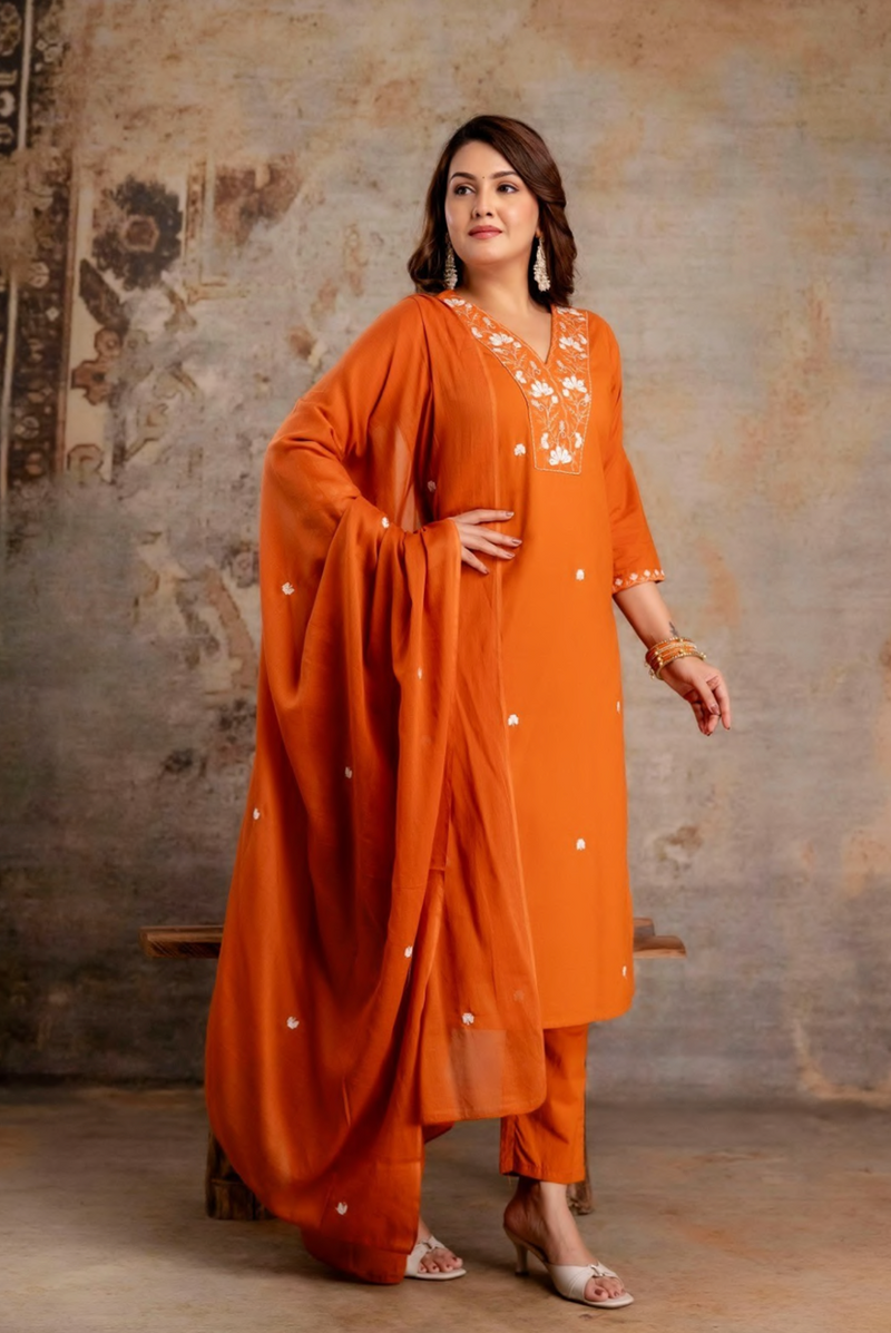 Cotton Straight Suit Set With Hand work