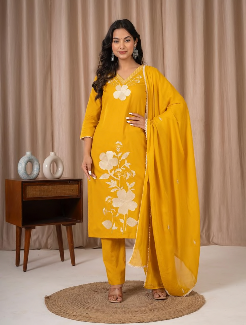 Cotton Straight Suit Set With Hand work