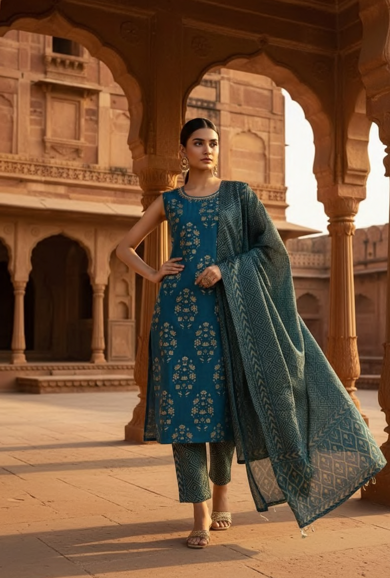 Sleeveless Cotton Straight Suit Set
