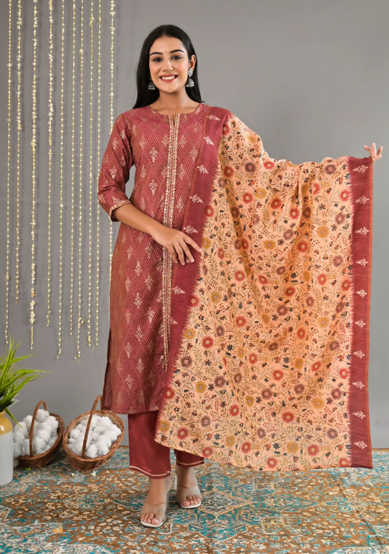 Modal Silk Embroidery Suit Set