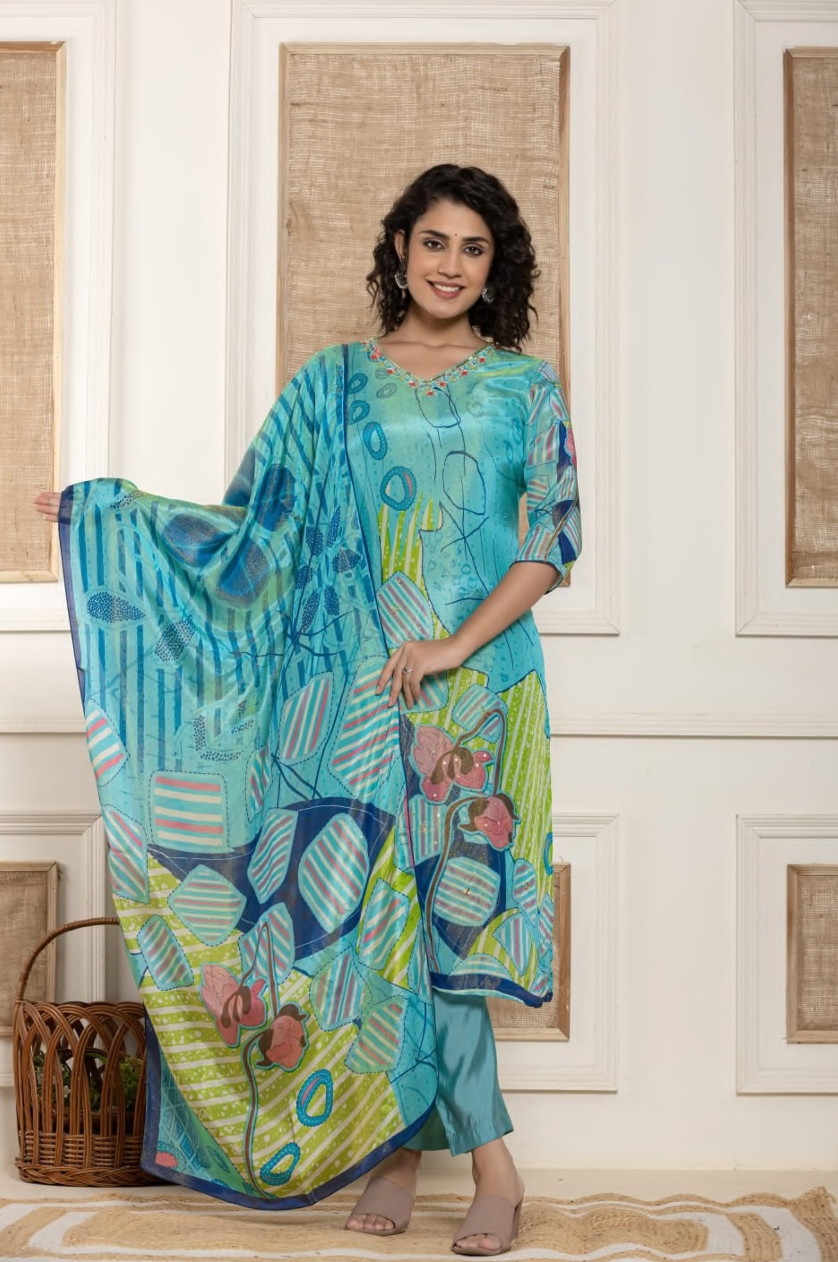 Pure shimmer hand work kurta pant dupatta set