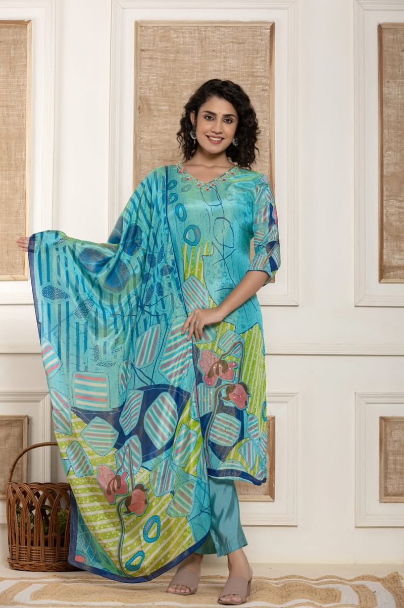 Pure shimmer hand work kurta pant dupatta set