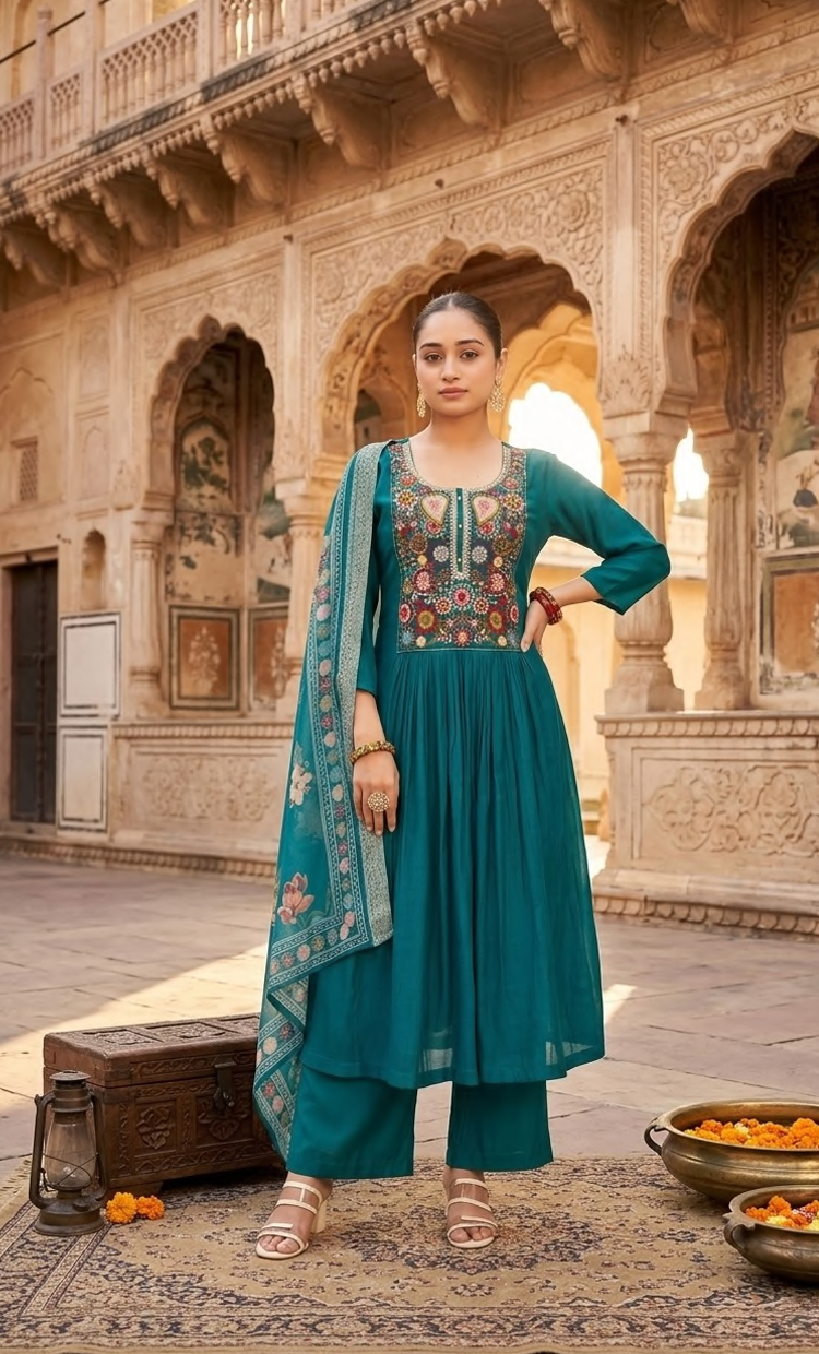 Pure mul chanderi, exquisite handwork on the neckline