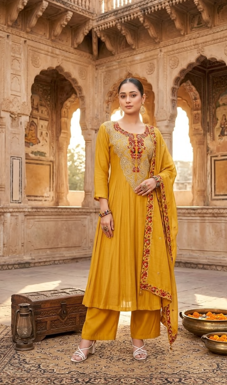 Exquisite handwork on the neckline, pure mul chanderi