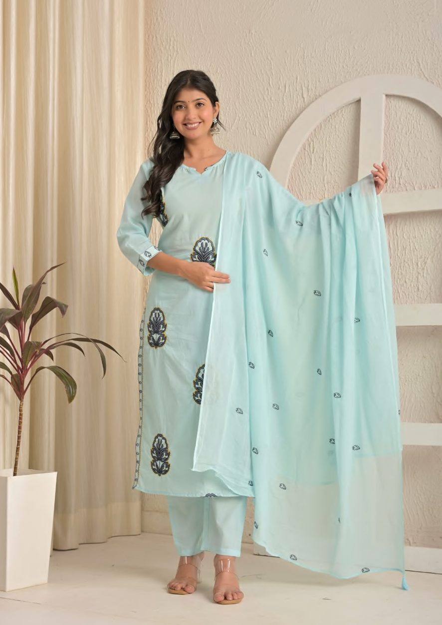 Cotton straight Embroidered suit set