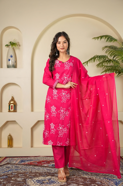 Pure Cotton, aari embroidery, straight kurta pant and dupatta suit set